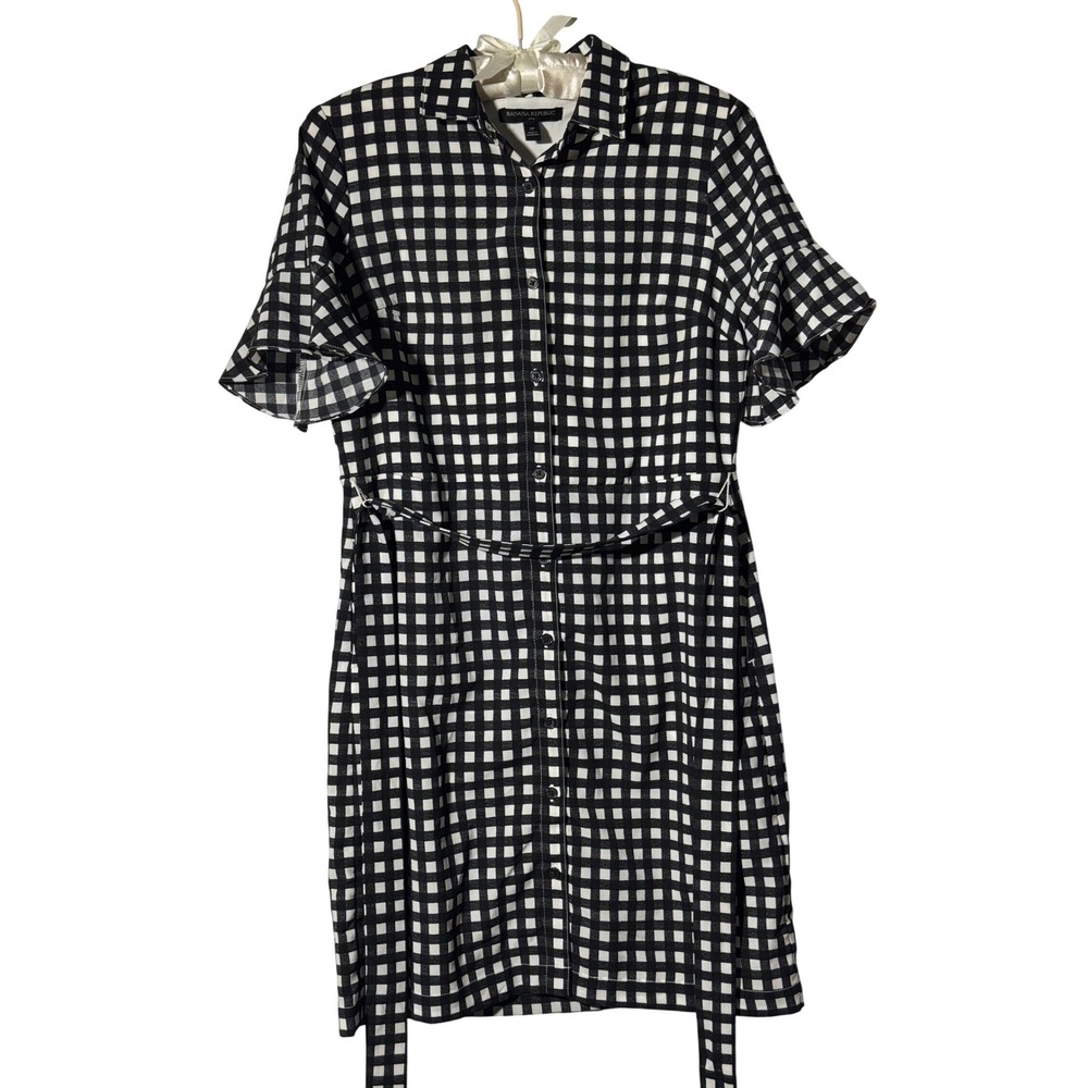 Banana Republic Gingham Ruffle Sleeve Shirt Dress Black White Petite Small